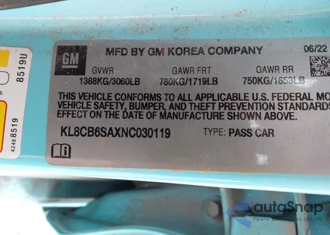 2022 Chevrolet Spark Fwd Ls Automatic z USA, uszkodzony, nr VIN KL8CB6SAXNC030119